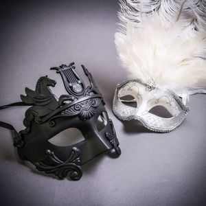 Black Venetian Pegasus w/ White Feather Silver Masquerade Couple's Party Masks